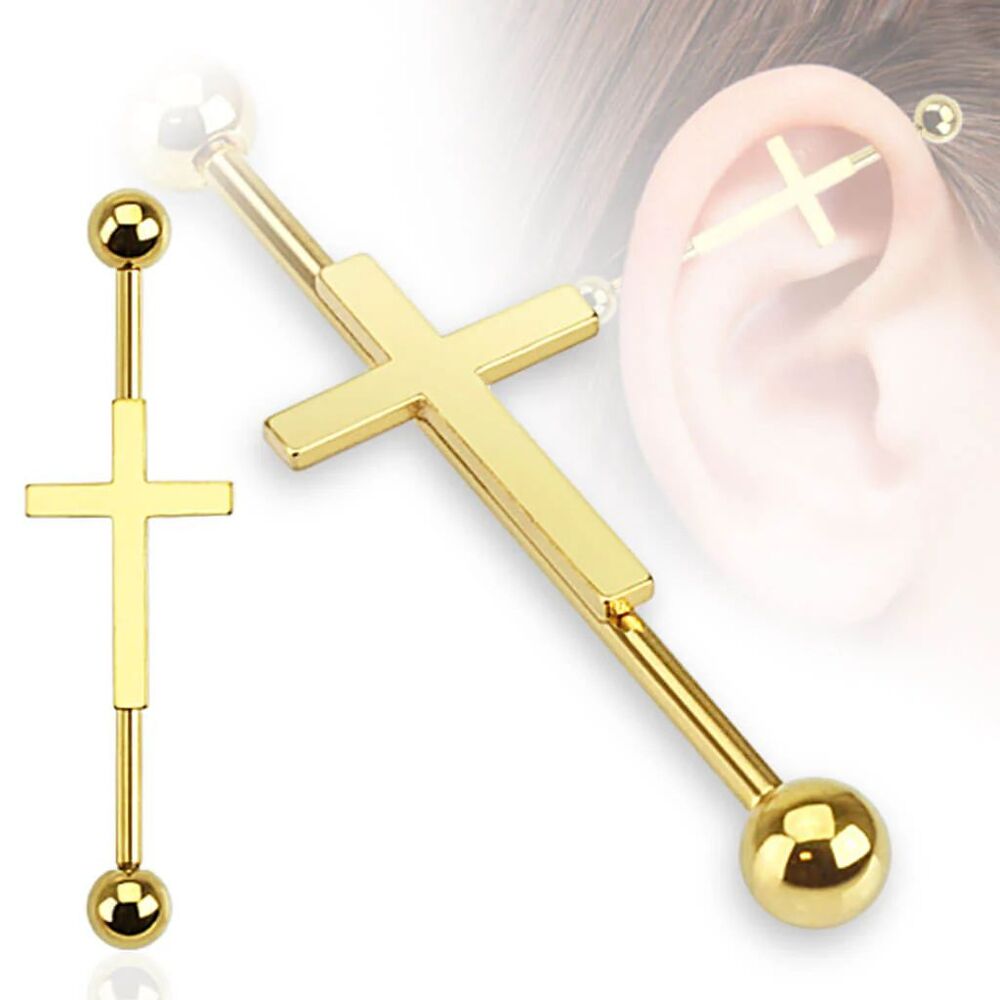 Cross Industrial Barbell 14G Surgical Steel | 35mm – Gold | Single Bar